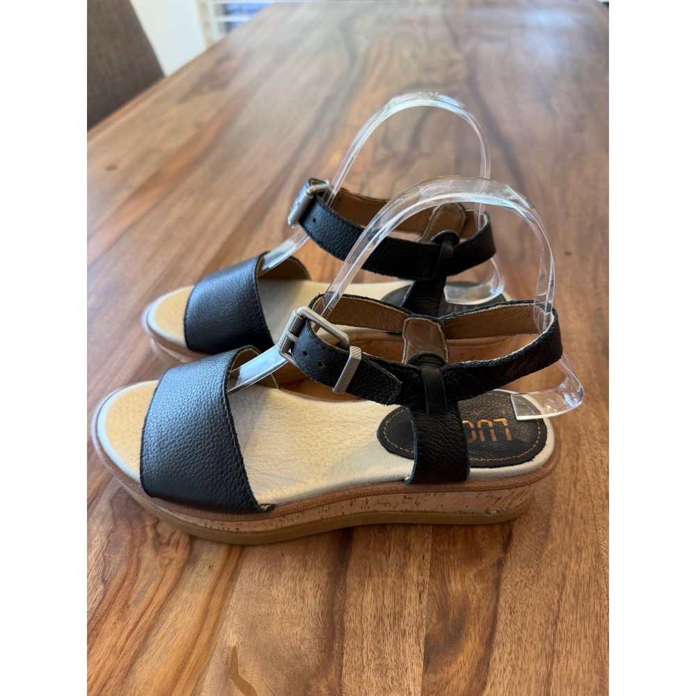 Lucca‎ Lane Kameron Black Leather Cork Wedge Platform Sandals Womens 6M